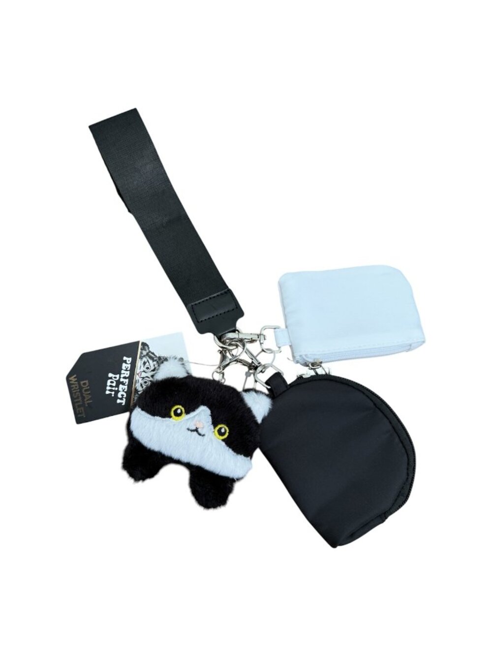 Perfect Pair Dual Wristlet Black White Nylon Zipper Pouch Set Plush Cat Clip NWT